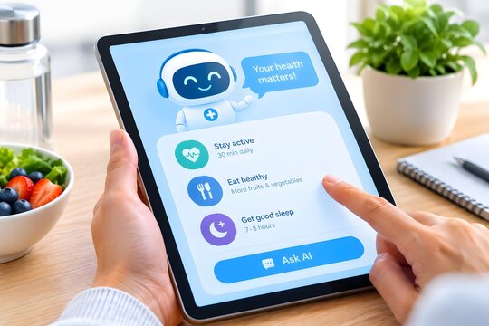 A tablet showing a health app with AI chatbot assistance for the concept of healthy lifestyle and technology.