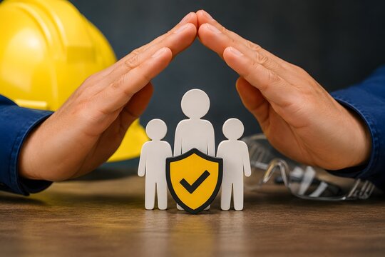 Insurance concept with hands protecting family and shield for the concept of safety and protection.