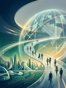Futuristic Concept of Business People Walking on a Skybridge Towards a Digital Globe with Brazil Map and Modern Cityscape