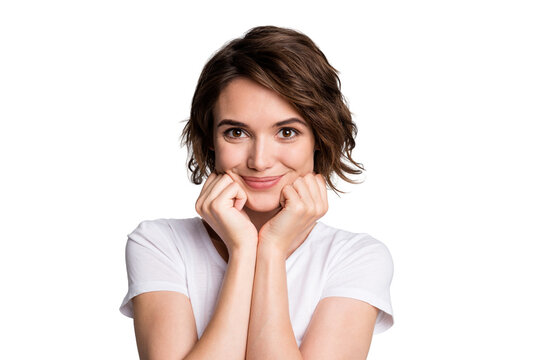 Photo of young brown hair attractive positive girl enjoy smile hands touch cheekbones isolated over grey color background