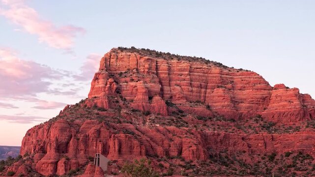 Sedona Arizona Sunset Over Red Rock Formations with Desert Juniper Trees and Colorful Clouds &mdash; cinematic travel destination, scenic landscape, golden hour light, realistic atmosphere