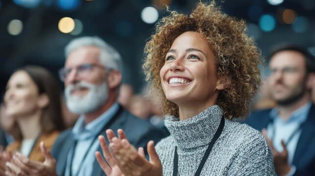 Enthusiastic audience applauds a speaker during a conference event, demonstrating engagement and excitement in a professional setting.