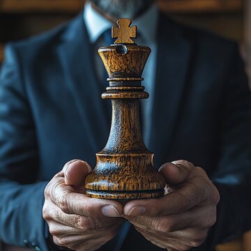 Senior Executive Hands Holding Wooden King Chess Piece Symbolizing Authority and Corporate Leadership