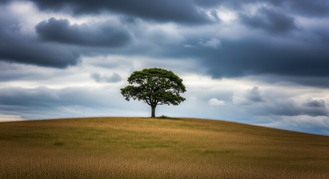 A lone tree stands majestically atop a rolling hill under a vast, cloudy.