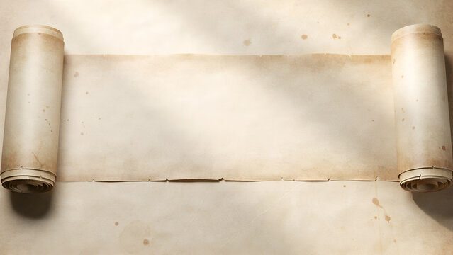 Old vintage paper scroll with blank space for text, aged parchment texture with rolled edges on a rustic background
