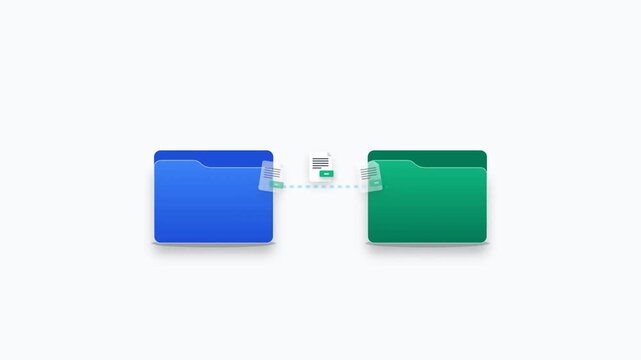 Digital file transfer between folders. Modern UI animation. Cloud data migration template. Secure file sharing concept. Minimalist folder icon graphic. White background.