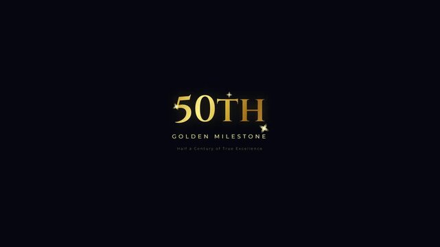 50th golden milestone glowing text animation. Elegant typography background. Corporate anniversary video card template. Sparkling luxury jubilee concept.  Golden agency greeting banner.