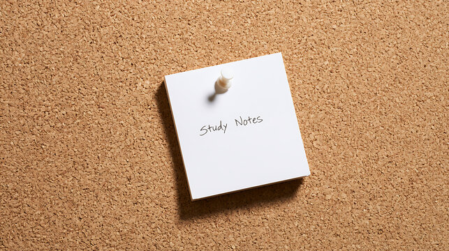 A single white sticky note with study notes handwritten text attached by a push pin on a textured brown cork board background surface view