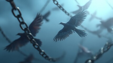 Obraz premium Flock of Birds Soaring Through Chains: Symbolic Freedom, Hope, and Overcoming Obstacles in a Dramatic Artistic Composition.