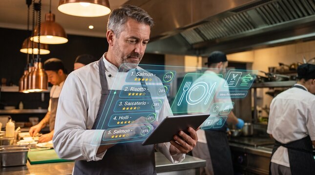 Mature male chef using a digital tablet with holographic data in a kitchen