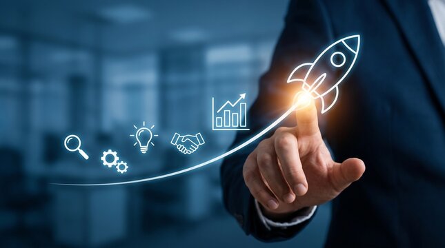 Businessman touching a digital rocket icon on a virtual interface in office