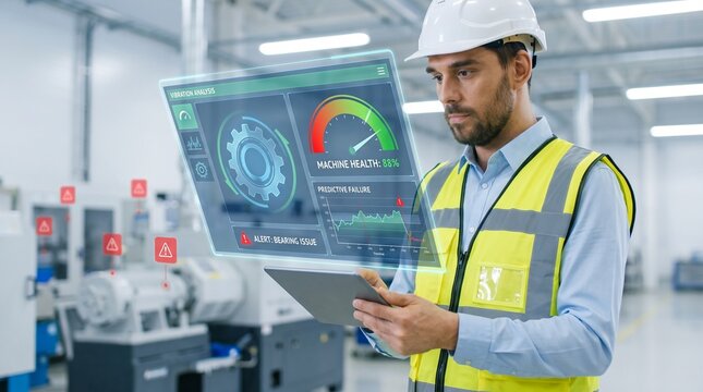 Male engineer wearing a hard hat and safety vest using a digital tablet in a modern factory