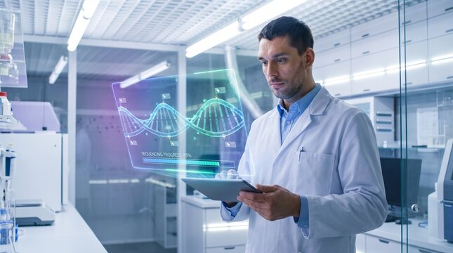 Male scientist in a lab coat analyzing a digital DNA hologram on a tablet