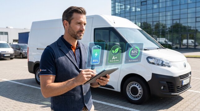 Professional manager reviewing electric delivery van data on a digital tablet