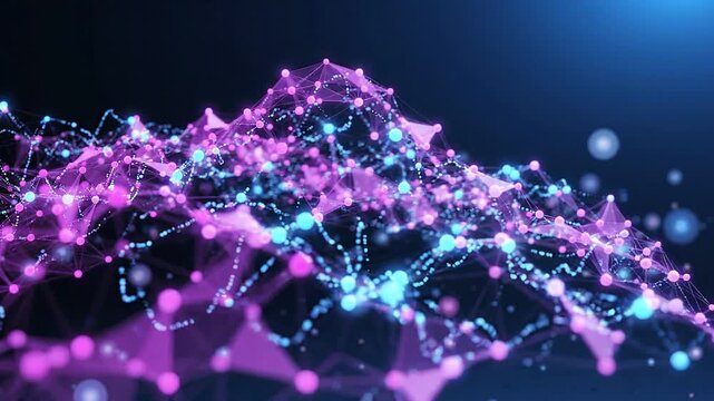 Abstract digital network mesh glowing with purple and blue lights forming a mountain shape against dark blue background with floating spheres, futuristic data visualization motion graphic.