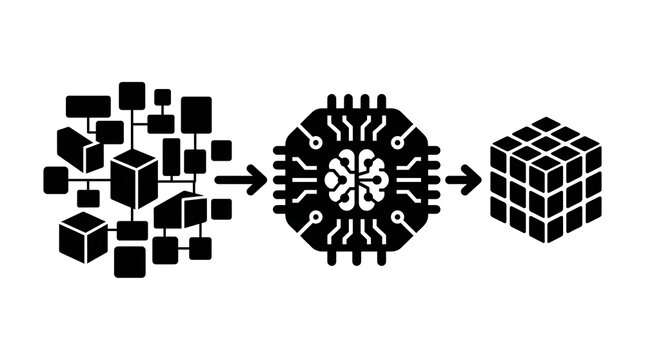 Data compression process visualization showing AI neural network transformation of cube clusters into optimized structure