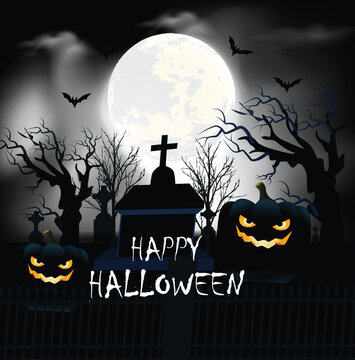 Happy halloween night with moonlight spooky flying bats dead trees cinematic haunted background