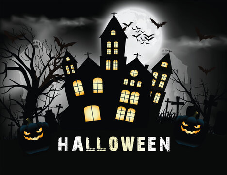 Happy halloween traditional night white moonlight, spooky, flying bats, dead trees, pumpkin, cinematic haunted background