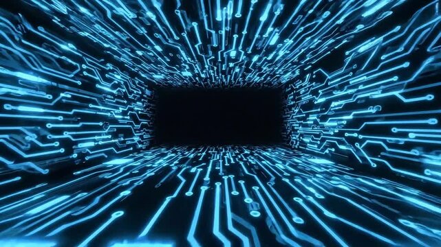 Digital data highway tunnel motion loop futuristic circuit board abstract background with glowing blue lines representing technology and information flow.