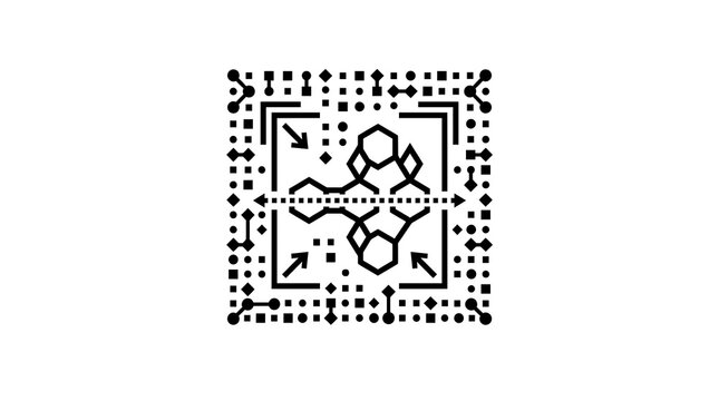 Black square pattern recognition icon with geometric molecular structure isolated on white