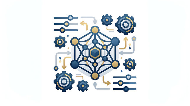 Artificial intelligence network icon with gears and adjustment sliders on transparent background
