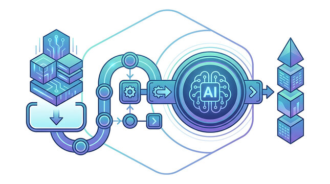 Data pipeline illustration showing information processing through an artificial intelligence engine with isolated transparent background