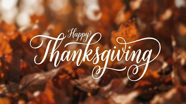 Elegant happy thanksgiving greeting card text overlay on a beautiful blurred background of autumn fall leaves