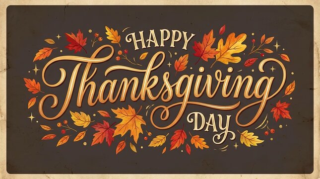 Happy thanksgiving day greeting card design with elegant calligraphy and colorful autumn leaves on a dark background