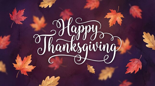 Happy thanksgiving greeting card design with elegant white calligraphy text surrounded by colorful autumn leaves on dark background