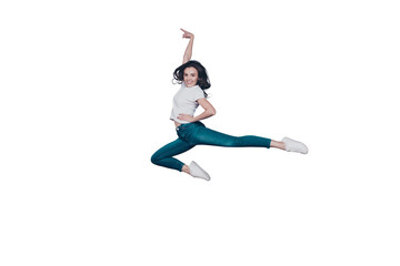Crazy adorable attractive pretty stylish trendy nice lovely cheerful curly-haired brunette girl in casual white t-shirt and jeans, fooling around in air, dancing, isolated on grey background © deagreez