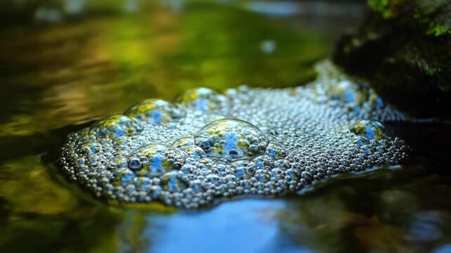 Macro view of river water stream with sparkling stones and bubbles