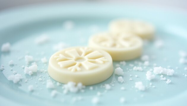 White chocolate snowflake discs with sugar crystals on pastel blue bac