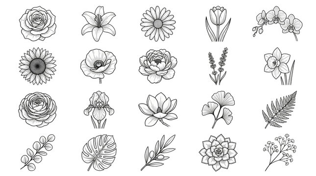 Minimalist floral line art icons, set of 20 botanical flower illustrations, black and white garden sketches for wedding stationery