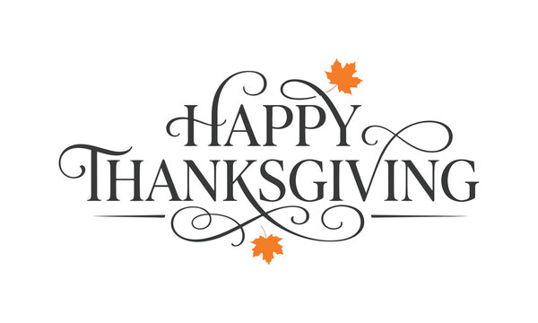 Happy Thanksgiving Calligraphic Typography with Leaves and Acorns