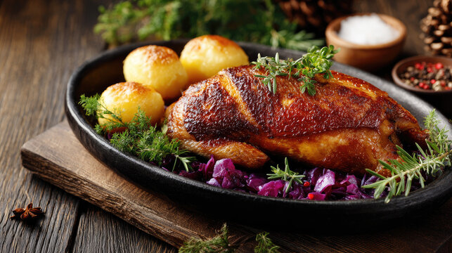 Whole martin goose with golden crispy skin served with dumplings and red cabbage on rustic german family table, traditional festive meal on st martin's day, cozy autumn atmosphere, space for text