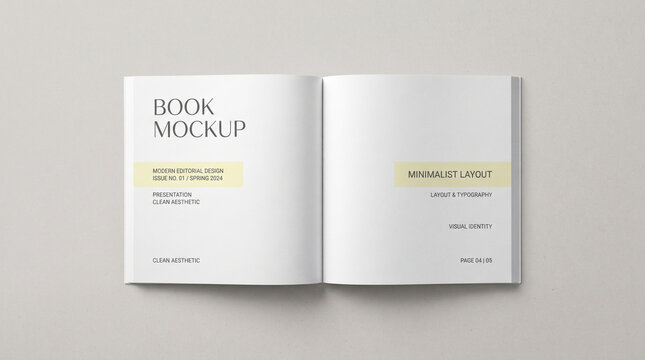 Minimalist book mockup with open pages on a neutral background, featuring clean editorial design, modern typography, and professional layout presentation