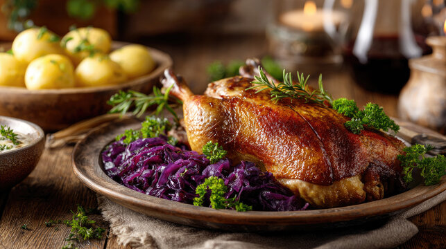 Whole martin goose with golden crispy skin served with dumplings and red cabbage on rustic german family table, traditional festive meal on st martin's day, cozy autumn atmosphere, space for text