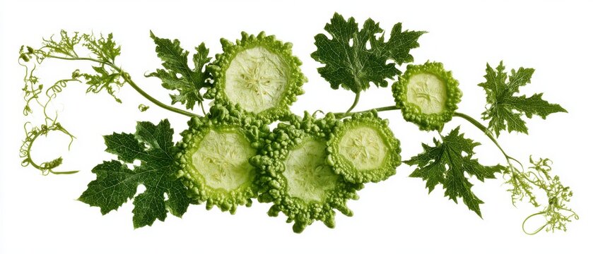 Pressed warty bitter melon slices and intricate vine leaves, unique botanical study, pure white background