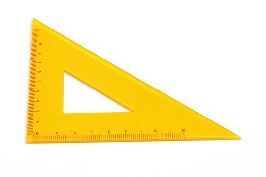 Yellow triangular ruler with millimeter markings, open to form a right angle.