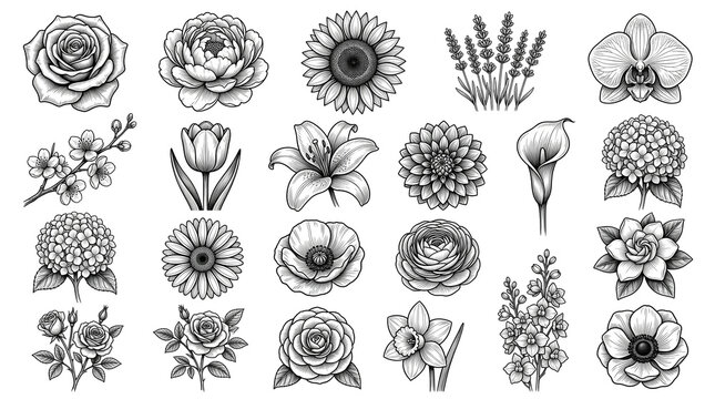 Vintage botanical flower sketches, set of 23 hand drawn floral illustrations, black and white garden blossoms for wedding invitations and tattoo design
