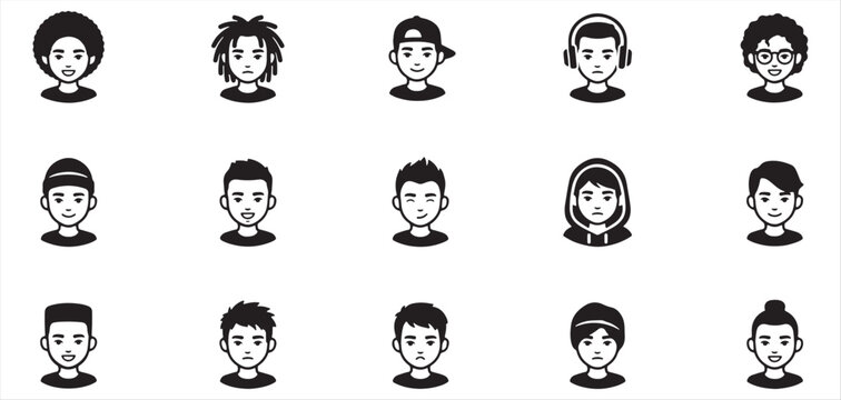 Diverse male avatar head silhouettes with various hairstyles and expressions for user profile and identity vector Illustrator eps 10.eps