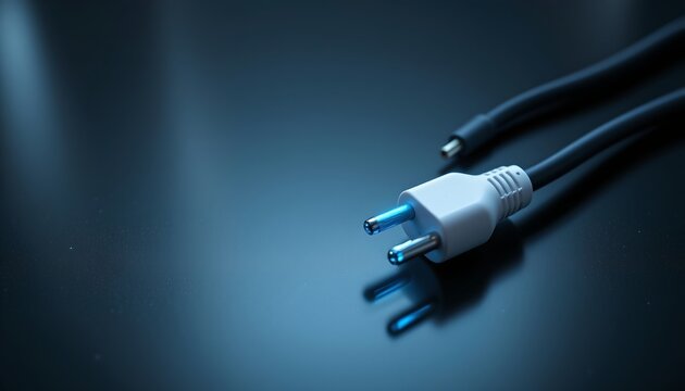 A collection of electronic cables, including USB, HDMI, and Ethernet, spread across a dark surface with a black background. The USB cable has a blue light illuminated.