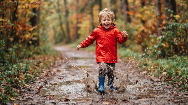 Happy little boy in red raincoat jumping in muddy puddle with big splashes in autumn forest