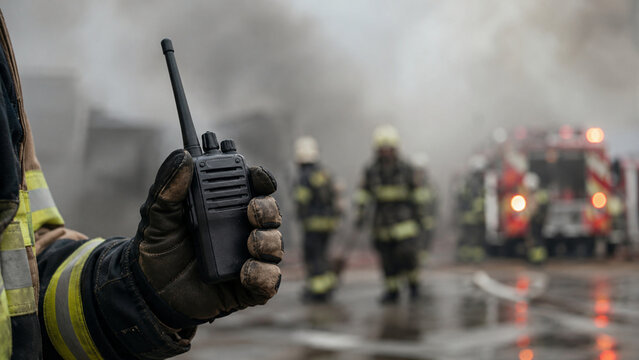 Close Up of Firefighter Holding Two Way Radio During Emergency Response Operation