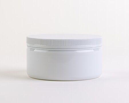 White plastic jar with screw-on lid, white background.