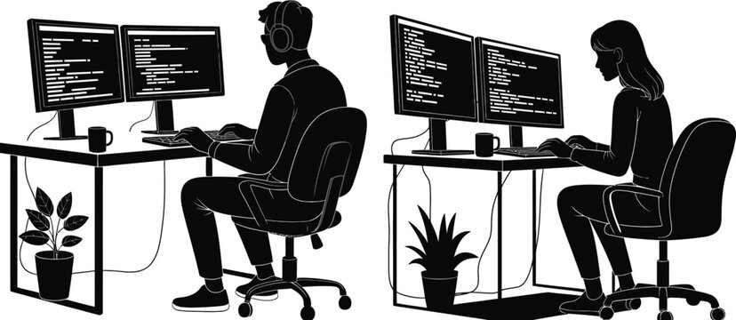 Silhouette of two programmers working at desks with dual computer monitors and keyboards