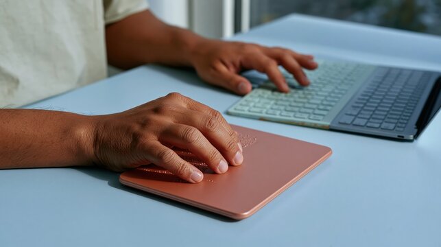 Braille display being read by a man's fingertips, a tactile electronic device with a rose pink finish for digital accessibility and inclusive education