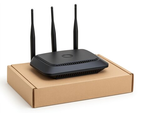 Black Router with Three Antennas on Cardboard Box