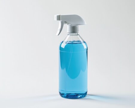 Clear glass spray bottle filled with blue liquid, white trigger mechanism.