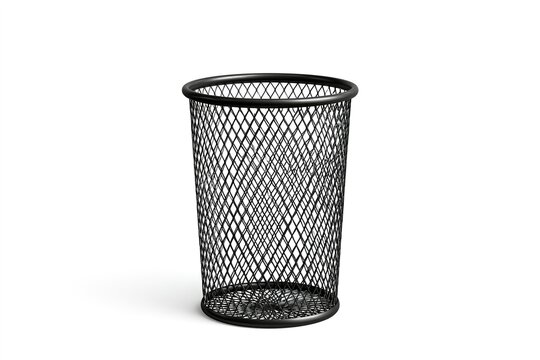Black wire mesh wastebasket, round base, open top, no lid.
